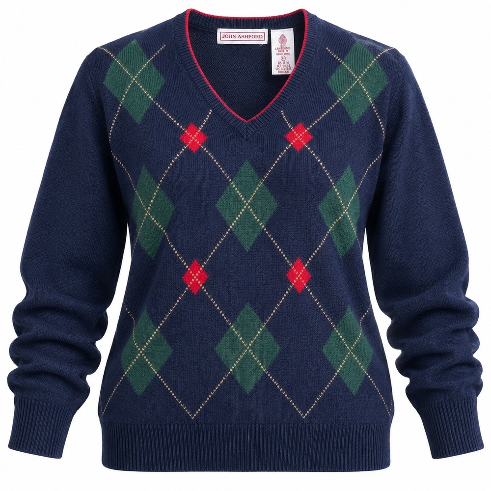 Vintage John Ashford 100% Lambswool Argyle‎ Sweater Navy Green Preppy Size M